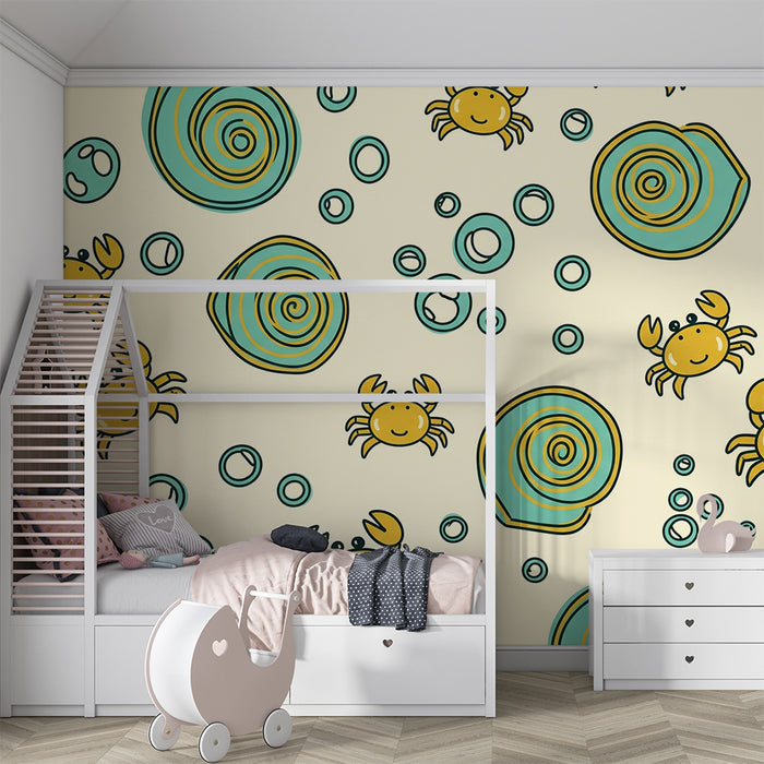 Papel de parede para quarto de bebé | Caranguejos alegres e conchas coloridas sobre fundo suave