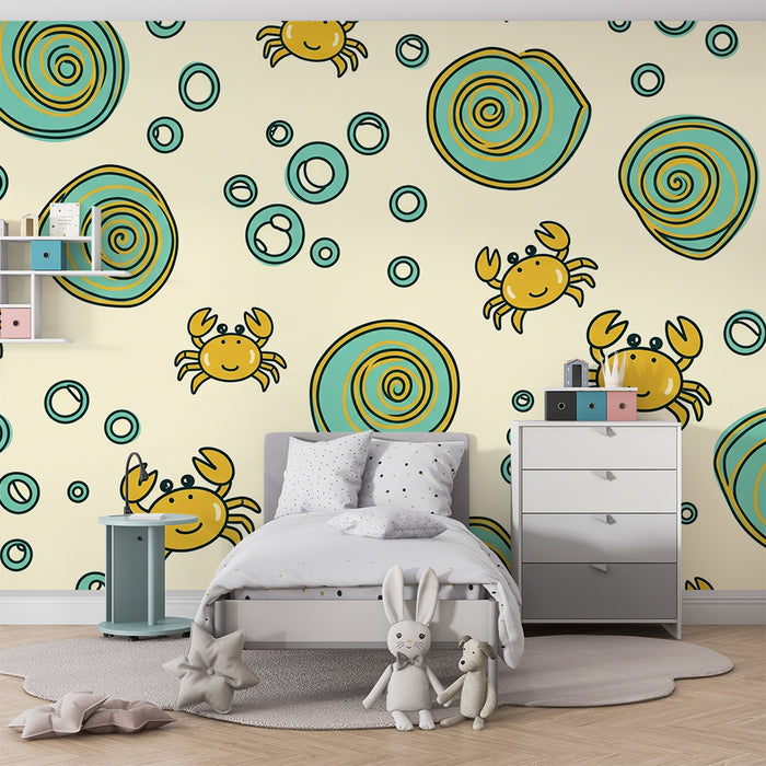 Papel de parede para quarto de bebé | Caranguejos alegres e conchas coloridas sobre fundo suave