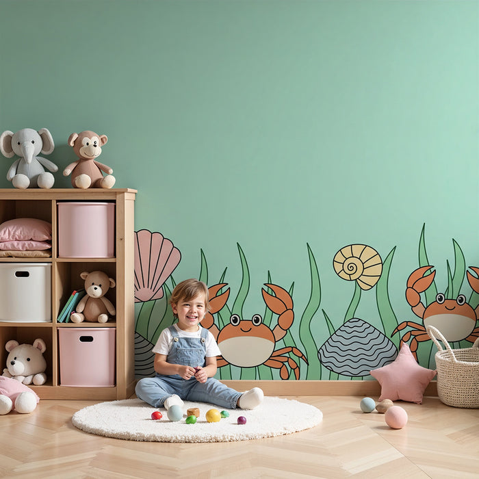 Papel de parede para quarto de bebé | Caranguejos alegres e conchas sobre fundo aquático