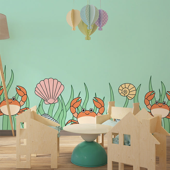 Papel de parede para quarto de bebé | Caranguejos alegres e conchas sobre fundo aquático