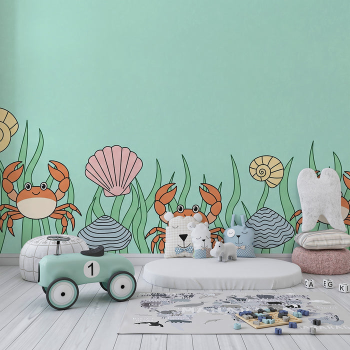 Papel de parede para quarto de bebé | Caranguejos alegres e conchas sobre fundo aquático