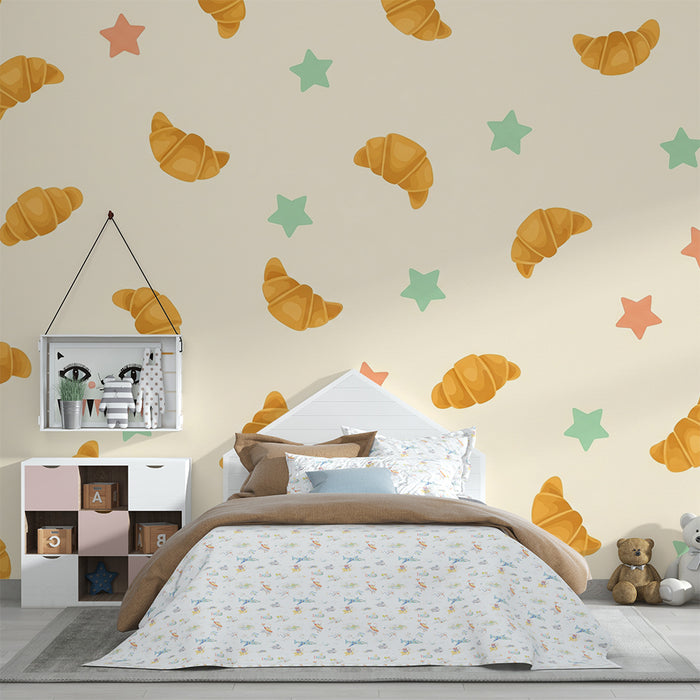 Ταπετσαρία για μωρικά δωμάτια | Χρυσά κρουασάν και χρωματιστά αστέρια σε κρεμ υπόβαθρο