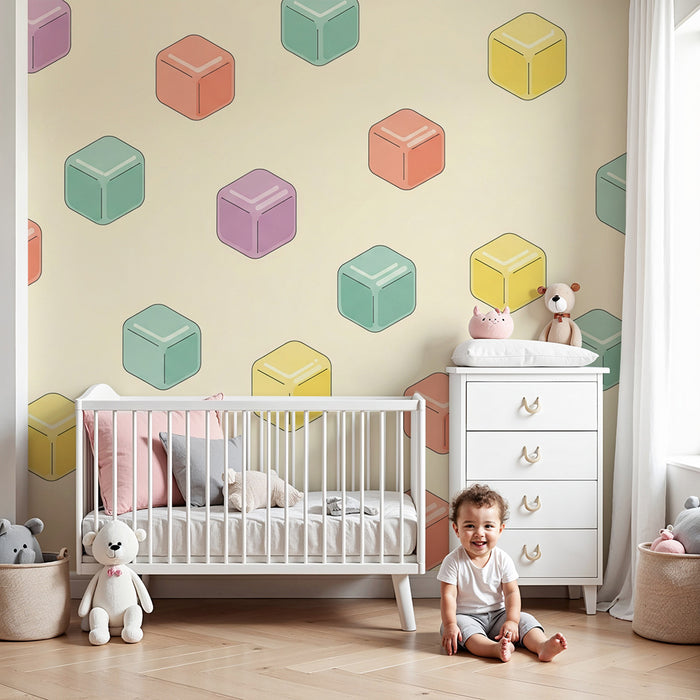 Baby room wallpaper | Colorful cubes on a soft background