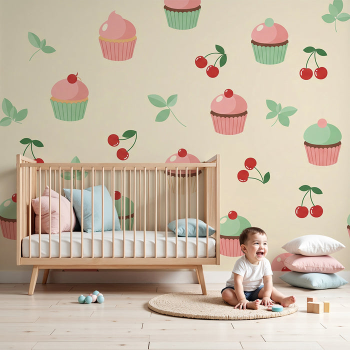 Babyromspapir | Fargerike cupcakes og kirsebær
