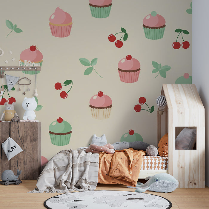 Babyromspapir | Fargerike cupcakes og kirsebær
