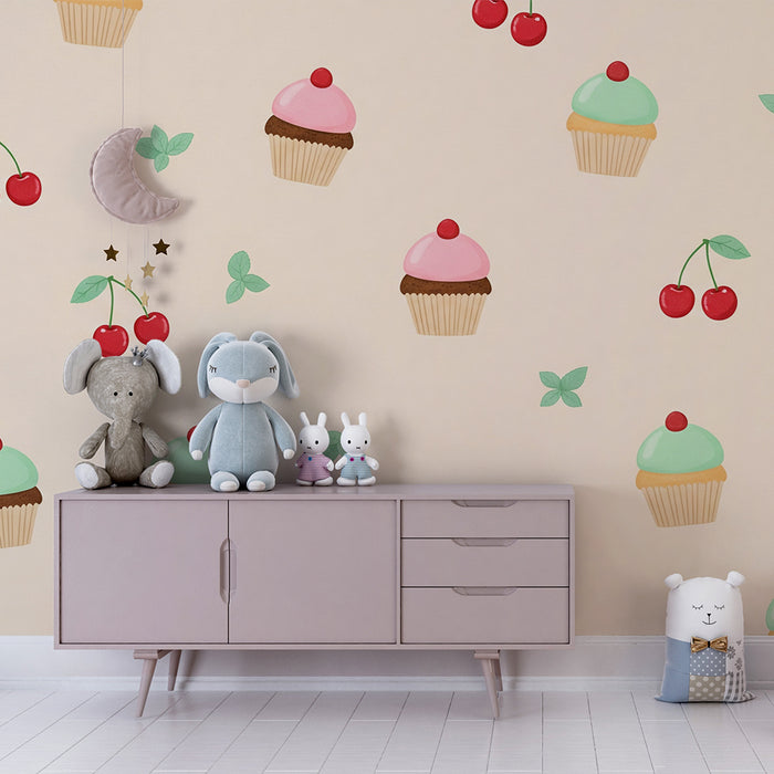 Tapety do detskej izby | Farebné cupcakes a čerešne na jemnom pozadí