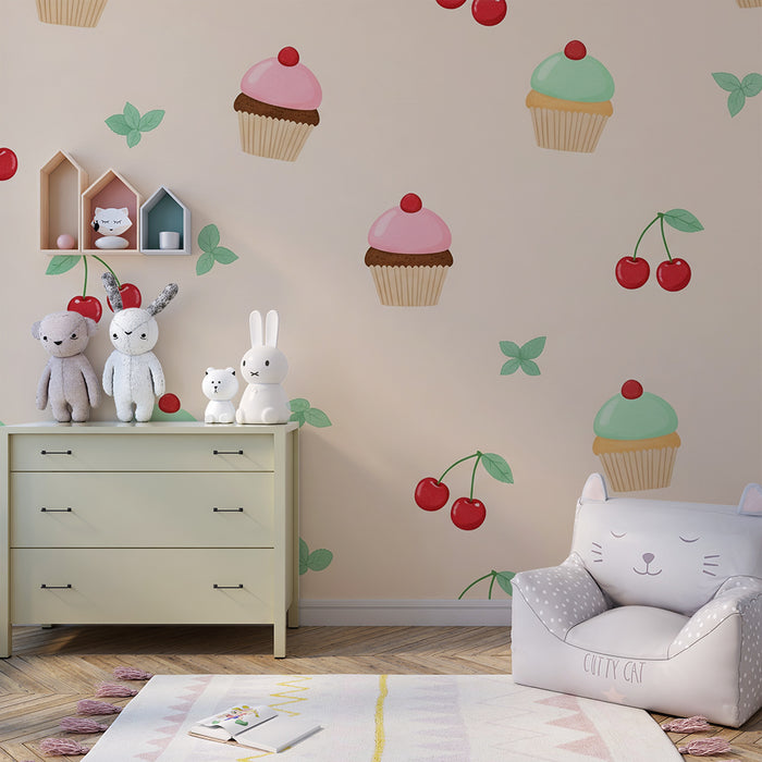 Tapety do detskej izby | Farebné cupcakes a čerešne na jemnom pozadí
