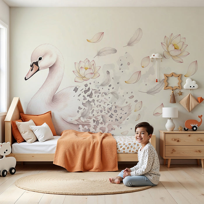 Papier peint chambre bébé | Cygne délicat entouré de fleurs de lotus et de plumes légères