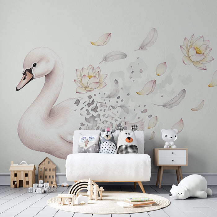 Papier peint chambre bébé | Cygne délicat entouré de fleurs de lotus et de plumes légères