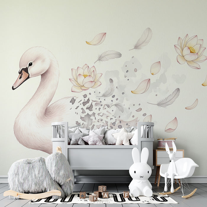Papier peint chambre bébé | Cygne délicat entouré de fleurs de lotus et de plumes légères