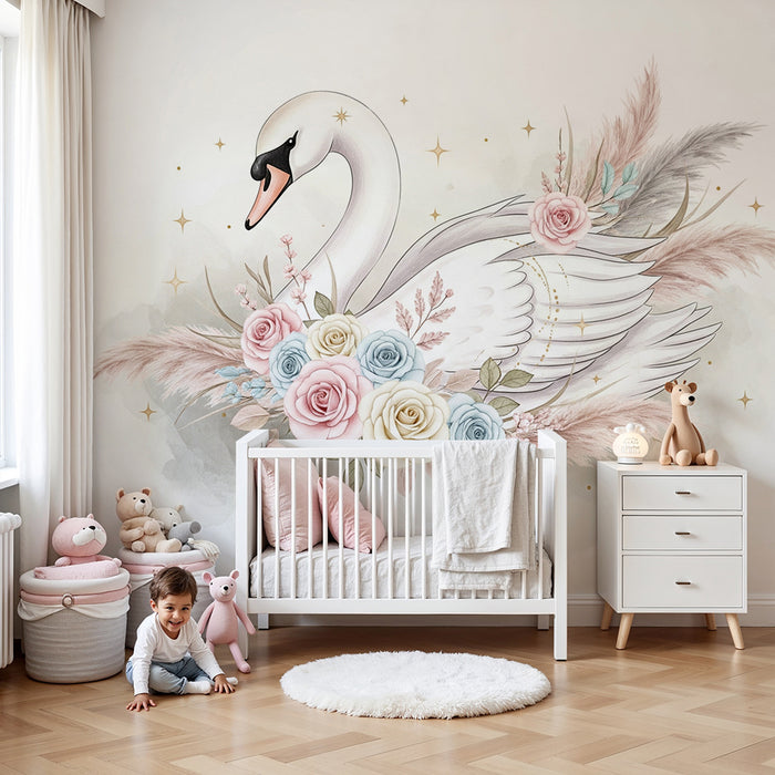 Nursery room wallpaper | Elegant swan surrounded by pastel flowers