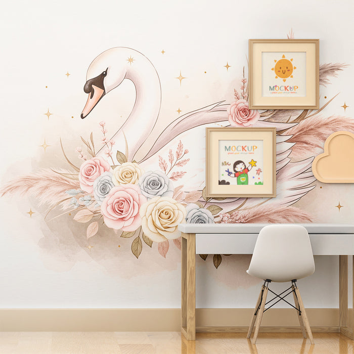 Nursery room wallpaper | Elegant swan surrounded by pastel flowers
