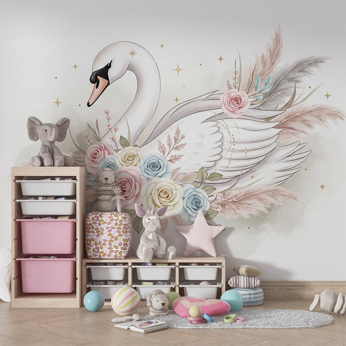 Nursery room wallpaper | Elegant swan surrounded by pastel flowers