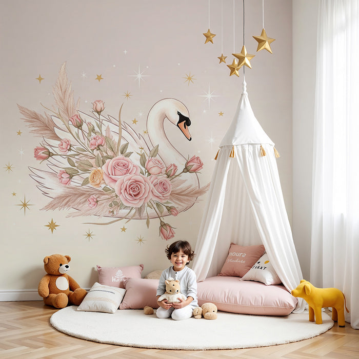 Papel de parede quarto bebê | Елегантно лебед обграден от рози и светещи звезди