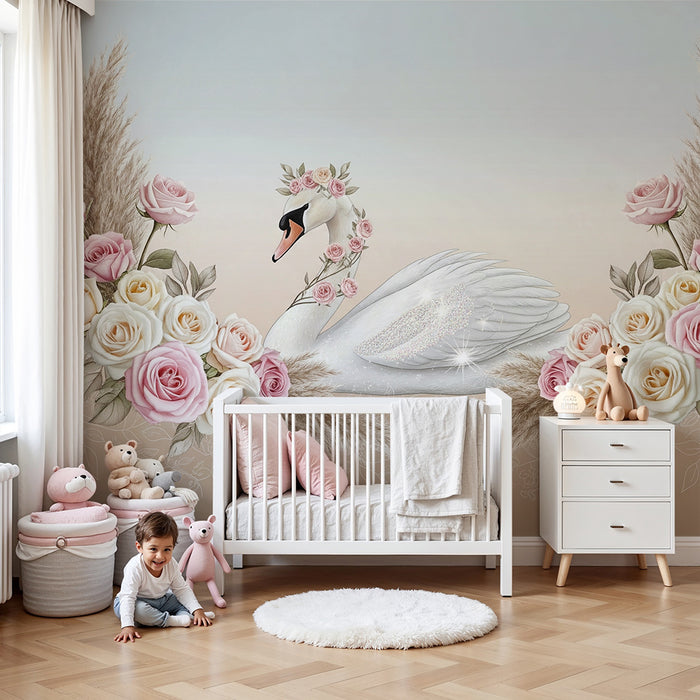 Lastenhuoneen tapetti | Elegantti joutsen ympäröi ruusuja ja pampasheiniä
