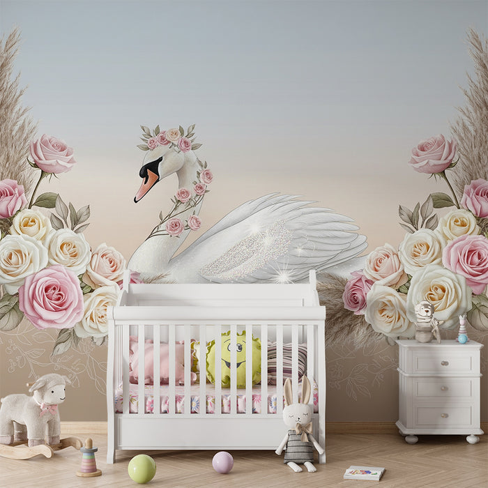 Lastenhuoneen tapetti | Elegantti joutsen ympäröi ruusuja ja pampasheiniä
