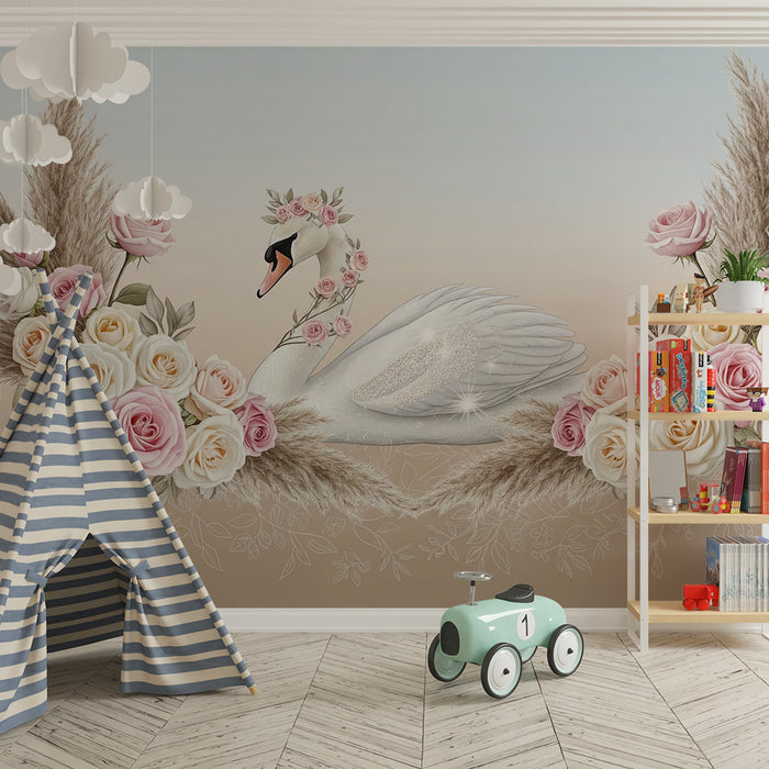 Lastenhuoneen tapetti | Elegantti joutsen ympäröi ruusuja ja pampasheiniä