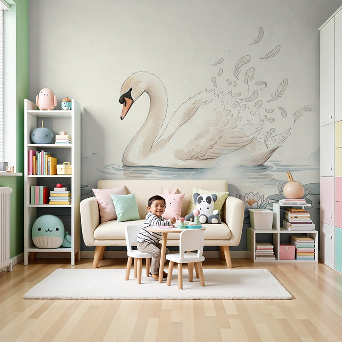 Papier peint chambre bébé | Cygne élégant sur un lac paisible avec nénuphars