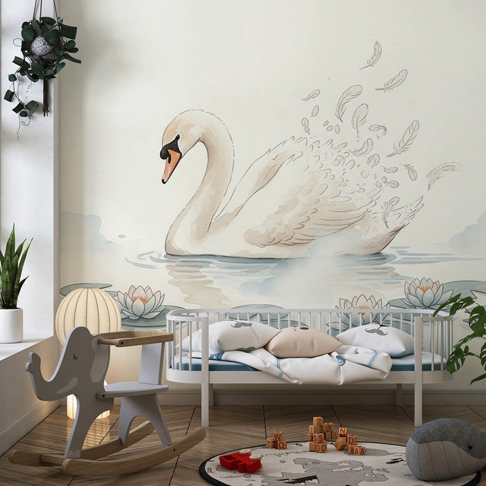 Papier peint chambre bébé | Cygne élégant sur un lac paisible avec nénuphars