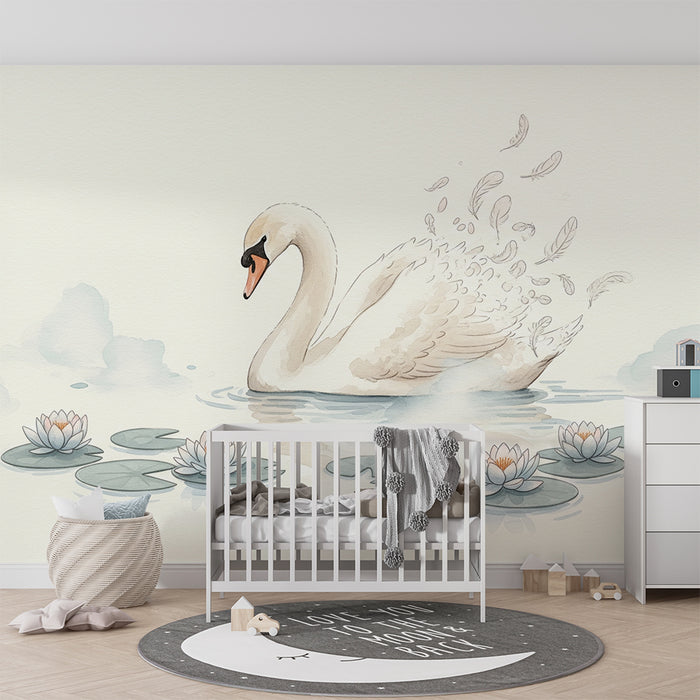 Papier peint chambre bébé | Cygne élégant sur un lac paisible avec nénuphars