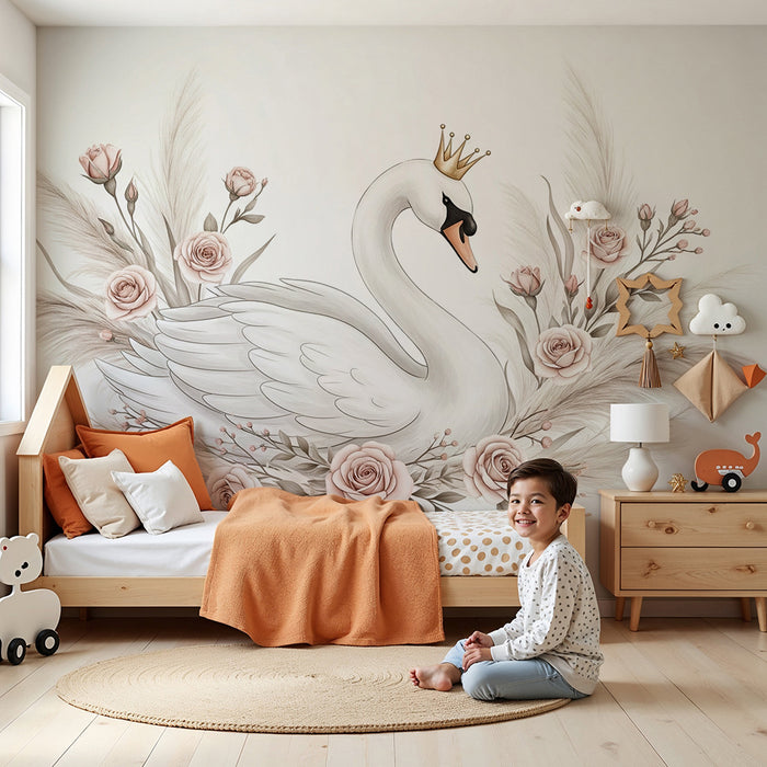 Lastenhuoneen tapetti | Majesteettinen joutsen ympäröi ruusuja ja höyheniä