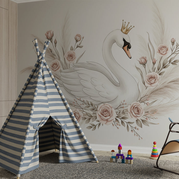 Lastenhuoneen tapetti | Majesteettinen joutsen ympäröi ruusuja ja höyheniä
