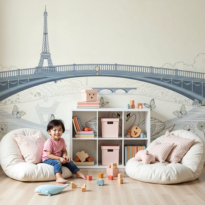 Papier peint chambre bébé | Cygnes amoureux sous la Tour Eiffel