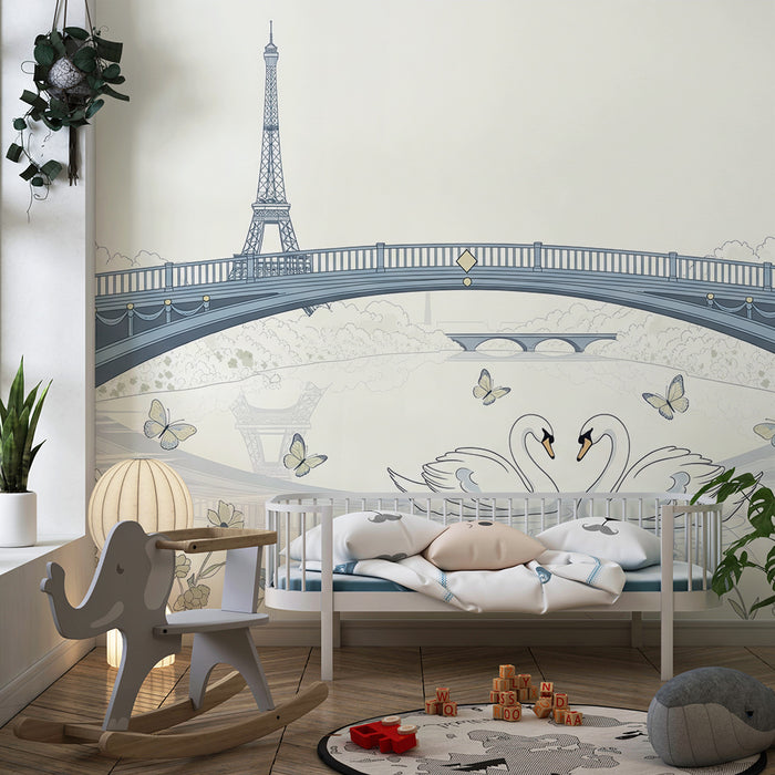 Papier peint chambre bébé | Cygnes amoureux sous la Tour Eiffel
