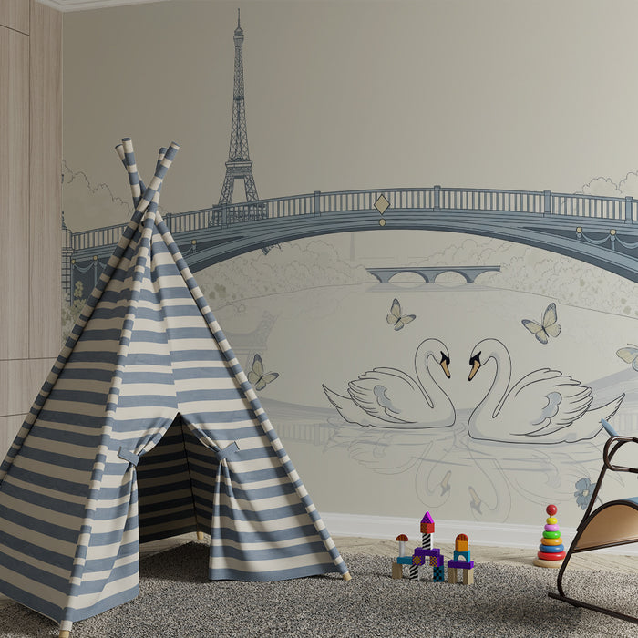 Papier peint chambre bébé | Cygnes amoureux sous la Tour Eiffel
