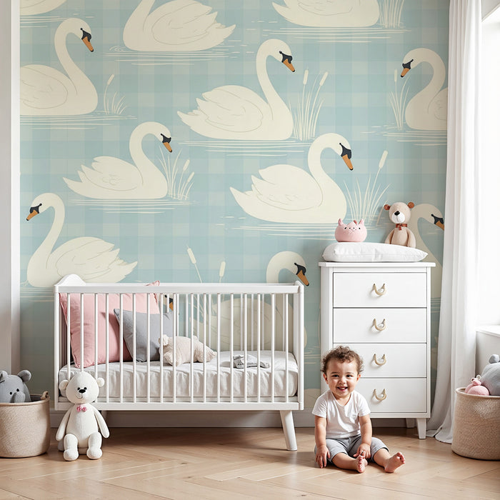 Papier peint chambre bébé | Cygnes élégants sur fond vichy bleu