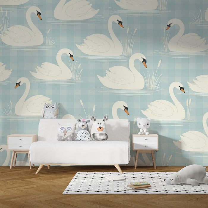 Papier peint chambre bébé | Cygnes élégants sur fond vichy bleu