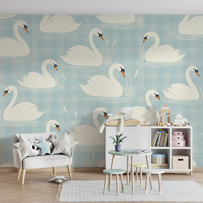 Papier peint chambre bébé | Cygnes élégants sur fond vichy bleu