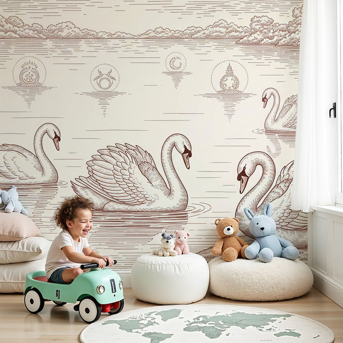 Papier peint chambre bébé | Cygnes élégants sur un lac monochrome