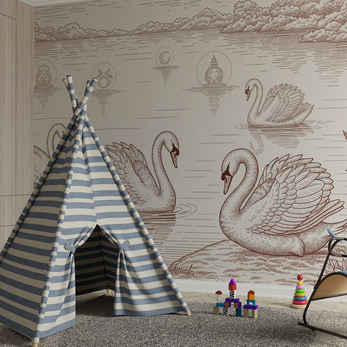 Papier peint chambre bébé | Cygnes élégants sur un lac monochrome
