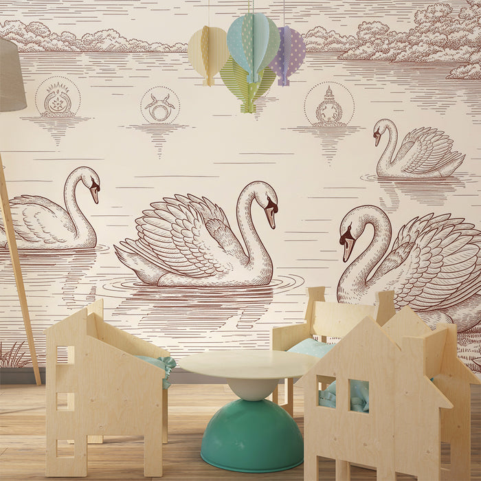 Papier peint chambre bébé | Cygnes élégants sur un lac monochrome