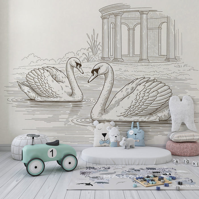Papier peint chambre bébé | Cygnes élégants sur un lac paisible