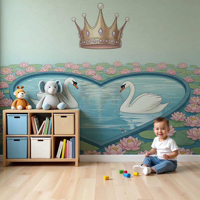 Papel de parede para quarto de bebé | Cisnes graciosos num lago de nenúfares com uma coroa