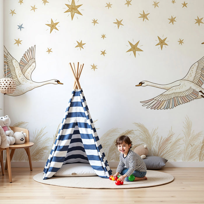 Lastenhuoneen tapetti | Suloiset joutsenet tähtitaivaan alla