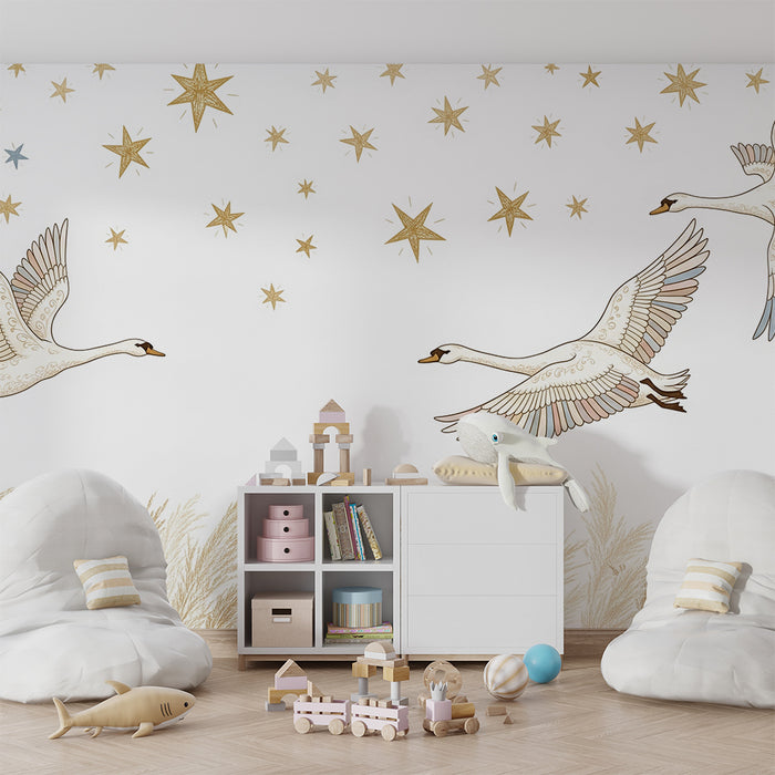 Lastenhuoneen tapetti | Suloiset joutsenet tähtitaivaan alla