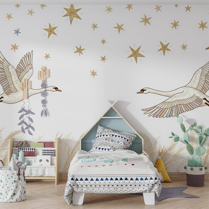 Lastenhuoneen tapetti | Suloiset joutsenet tähtitaivaan alla