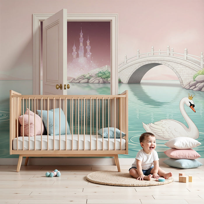 Papier peint chambre bébé | Cygnes majestueux et paysage féerique