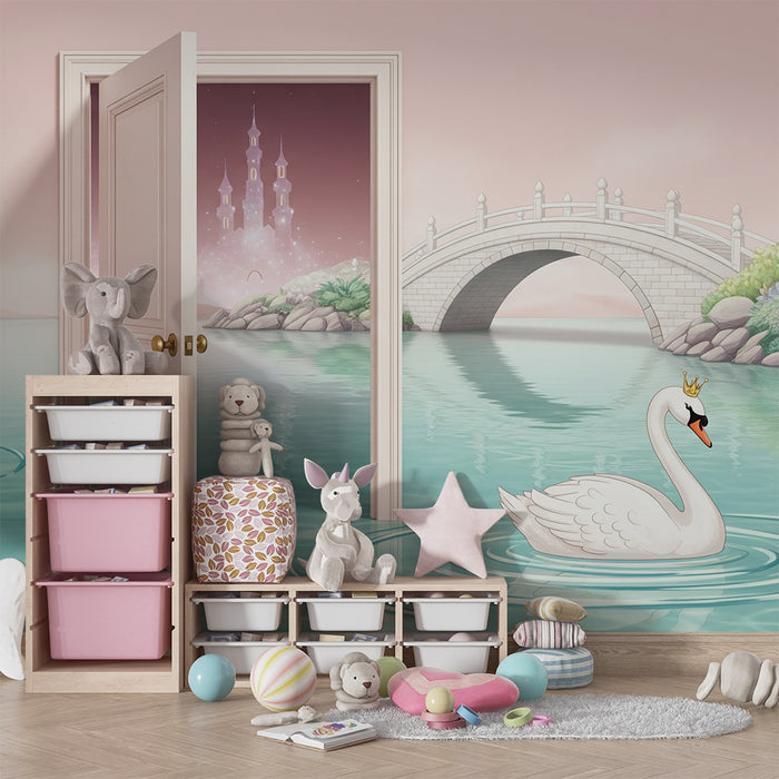 Papier peint chambre bébé | Cygnes majestueux et paysage féerique