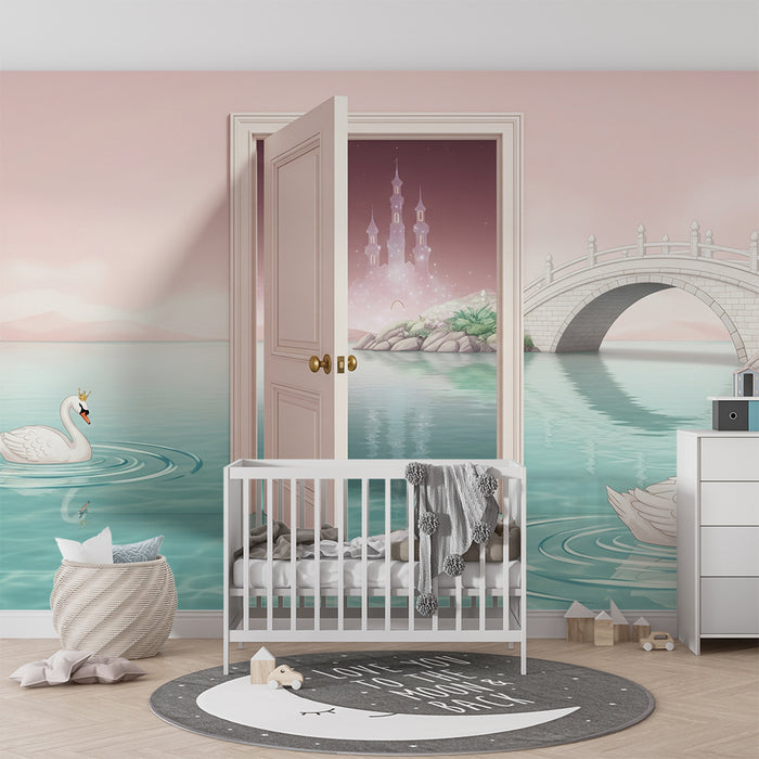 Papier peint chambre bébé | Cygnes majestueux et paysage féerique