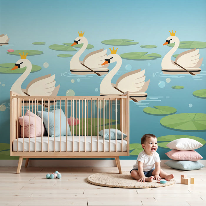 Papel de parede para quarto de bebé | Cisnes reais num lago tranquilo com nenúfares