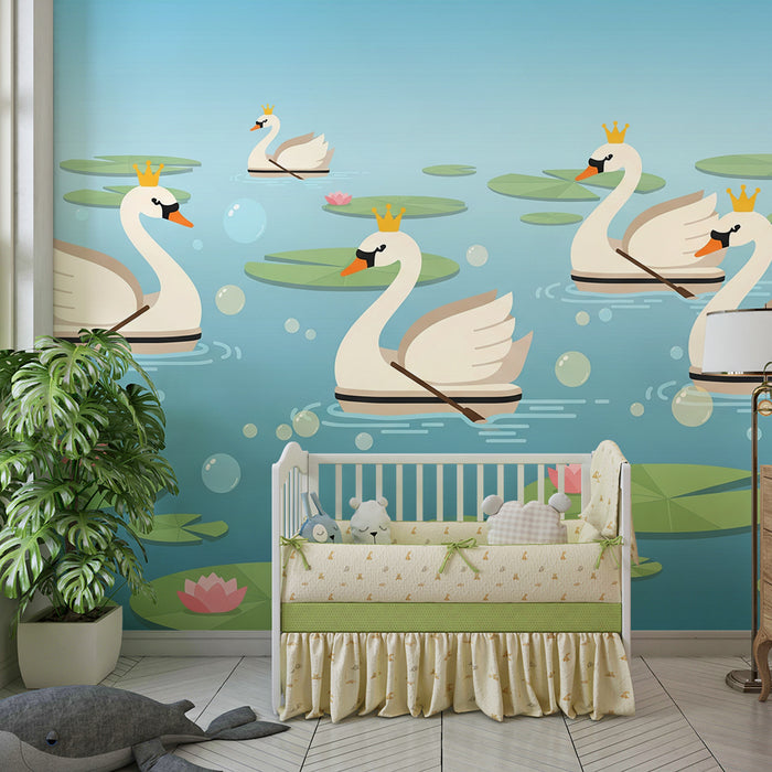 Papel de parede para quarto de bebé | Cisnes reais num lago tranquilo com nenúfares