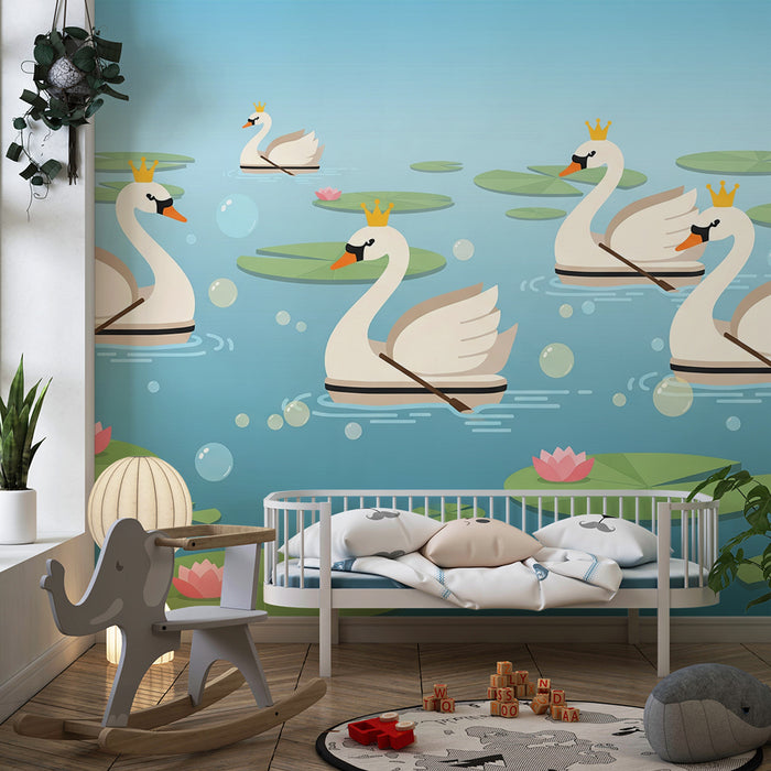 Papel de parede para quarto de bebé | Cisnes reais num lago tranquilo com nenúfares