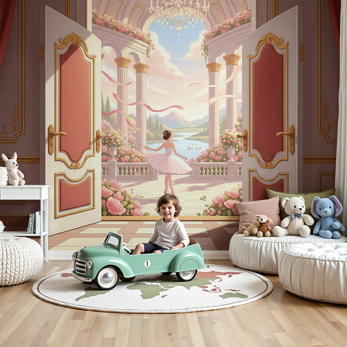 Papier peint chambre bébé | Danseuse en tutu devant un paysage enchanteur