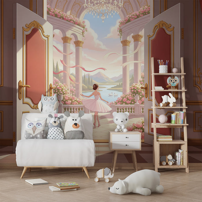 Papier peint chambre bébé | Danseuse en tutu devant un paysage enchanteur