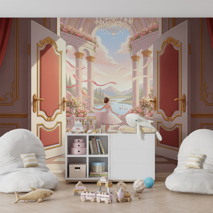 Papier peint chambre bébé | Danseuse en tutu devant un paysage enchanteur