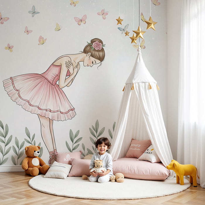 Papier peint chambre bébé | Danseuse et papillons enchantés